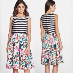 ELIZA J Mixed Print Striped Floral Popover Dress